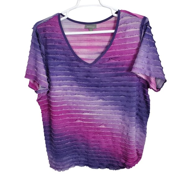 Essentials Size 2X Top Tee Tie Dye Striped Ruffle Ombre Gradient Stretch V Neck - Picture 2 of 9